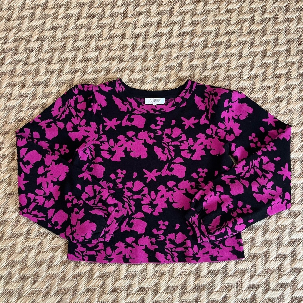 Milly Sweater - Women's Medium Black Pink - Crewneck Long-Sleeved Floral